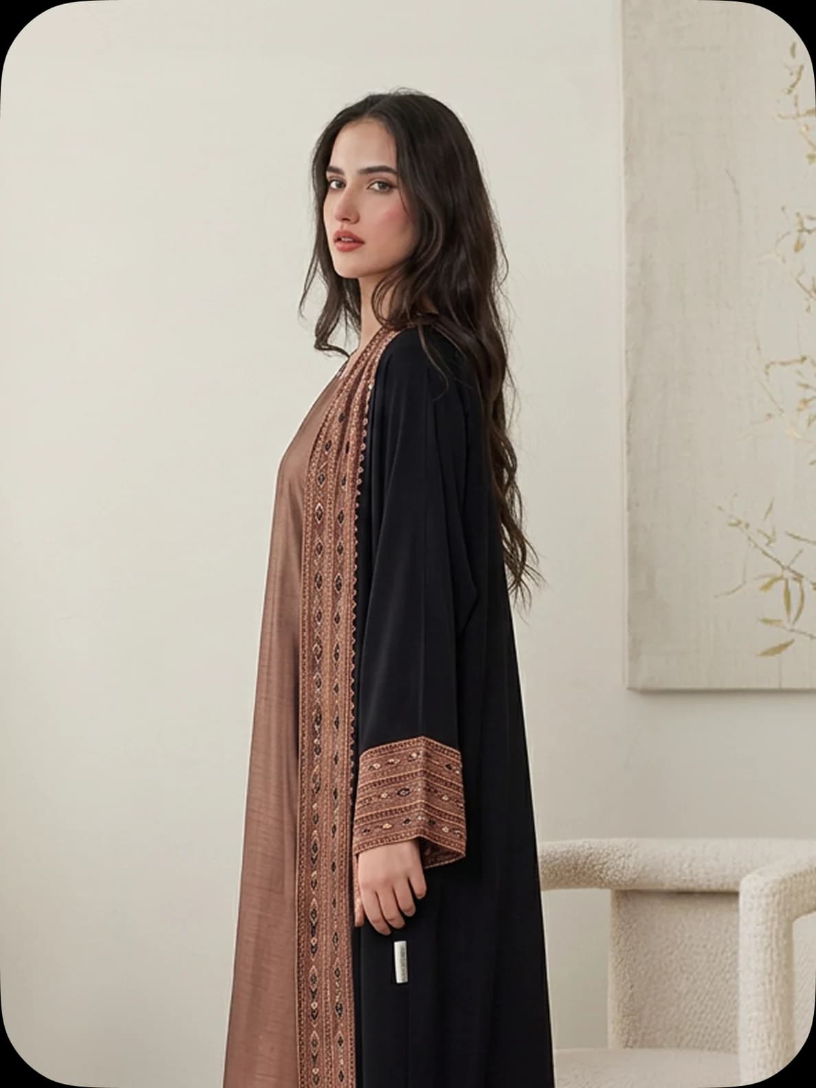 Black abaya with brown embroidered trim