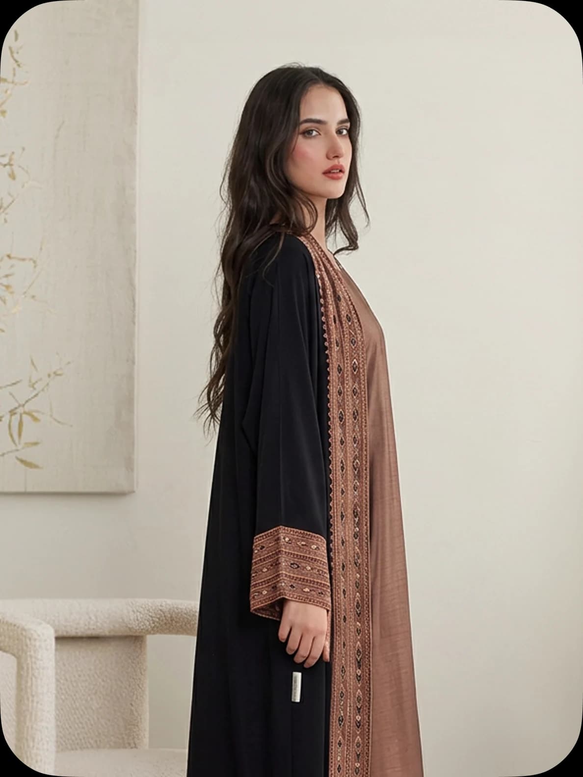 Black abaya with brown sleeve detail